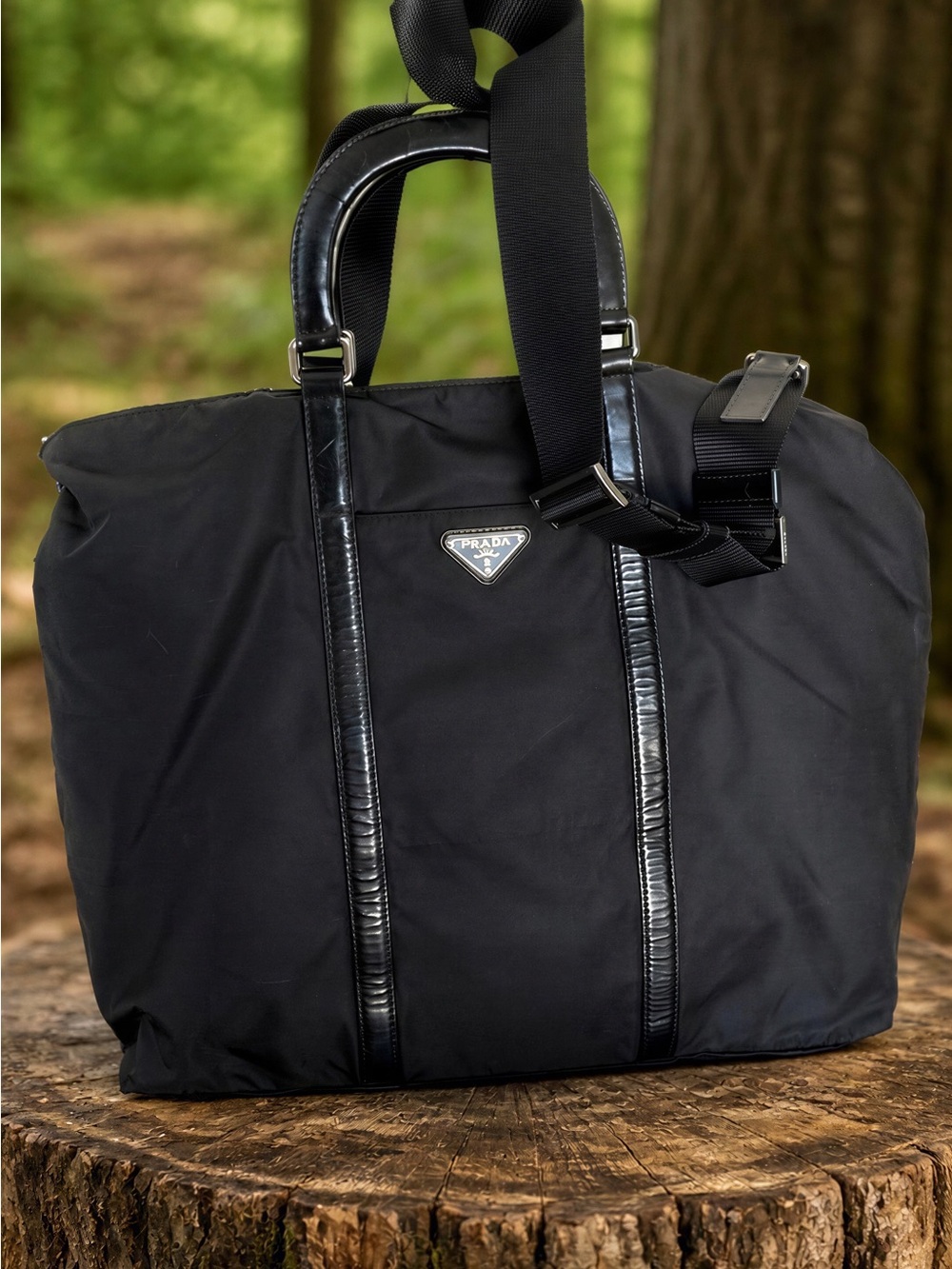 Prada Black Nylon Duffel with Leather Trim and Shoulder Strap